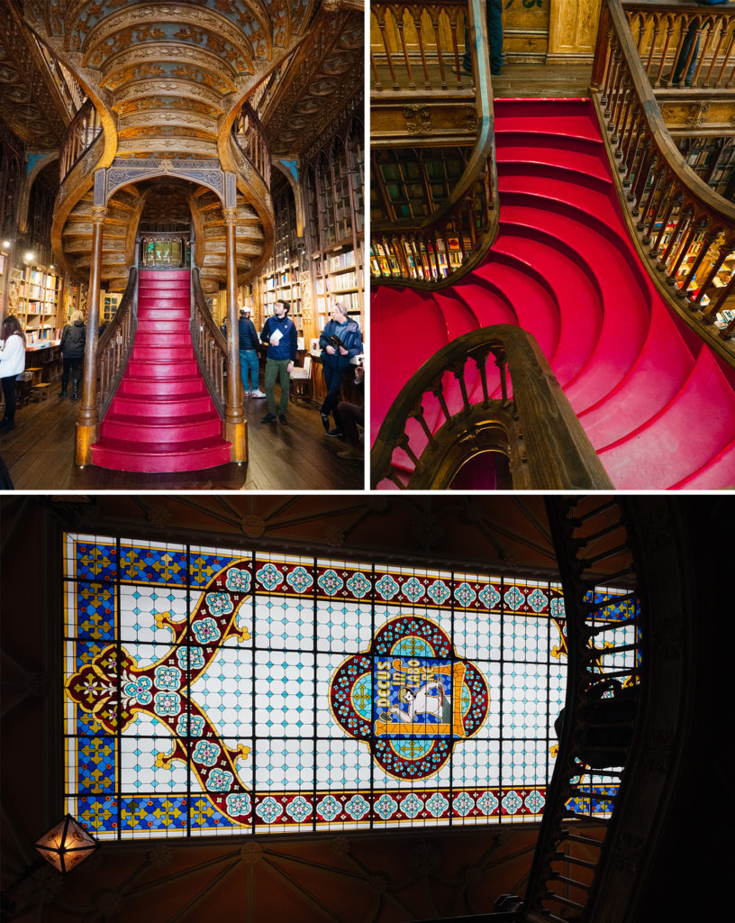 Livraria Lello red staircase and stained glass ceiling